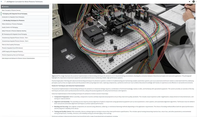 Die-bonding techniques course content showing hands-on equipment alignment and practical implementation