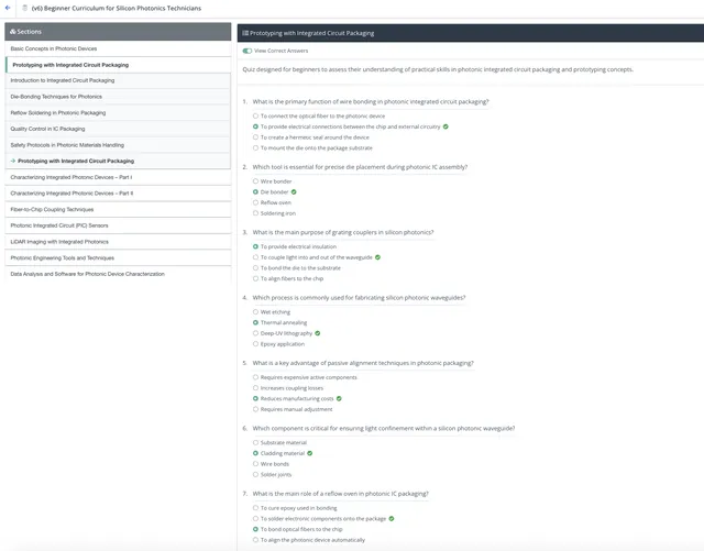 Quiz interface showing embedded assessments for Prototyping with Integrated Circuit Packaging module