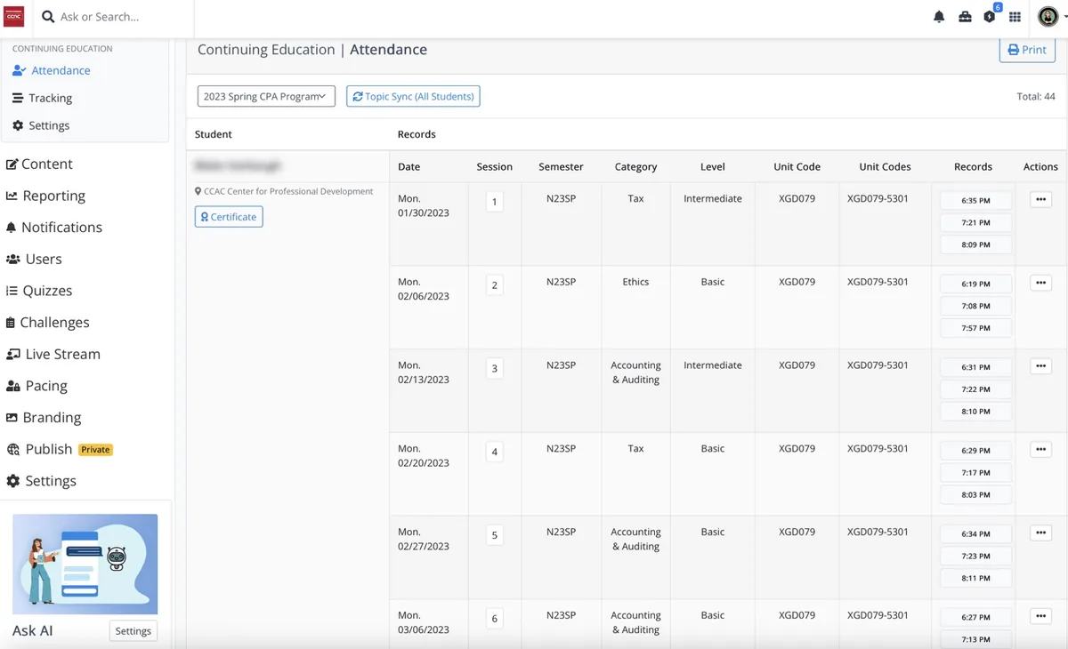 Continuing Education Attendance view showing session-level participation tracking with date, semester, category, level, and unit codes