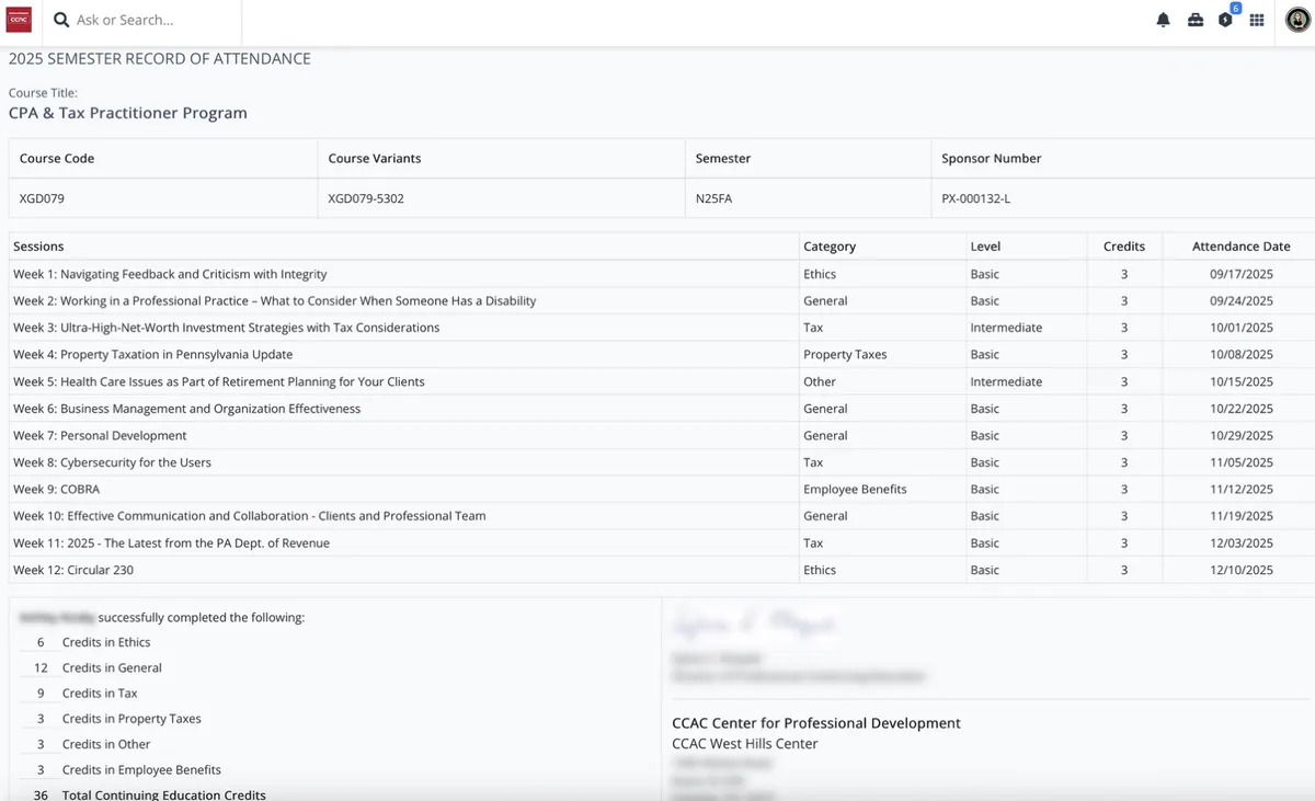 2025 Semester Record of Attendance for CPA & Tax Practitioner Program showing weekly sessions, categories, levels, credits, and total CPE credit summary