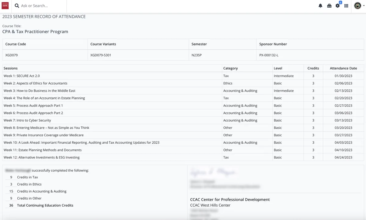 Certificate generation workflow showing participant documentation and CPE credit verification