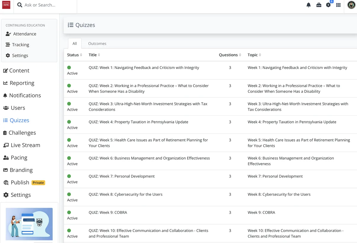Quizzes interface showing weekly knowledge checks aligned to session topics with status, question count, and topic alignment
