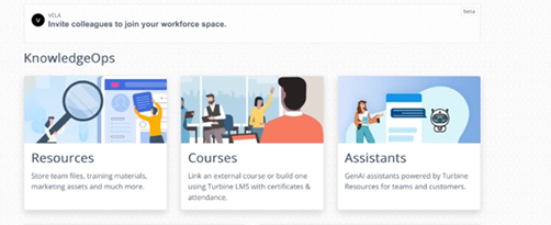 KnowledgeOps workspace with Resources, Courses, and Assistants launch tiles