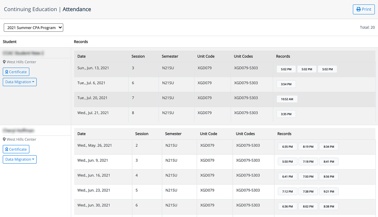 LearningOps attendance panel highlighting cohort check-ins by location