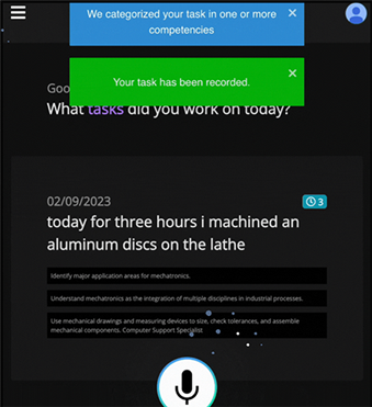 VELA mobile app capturing an on-the-job training log entry